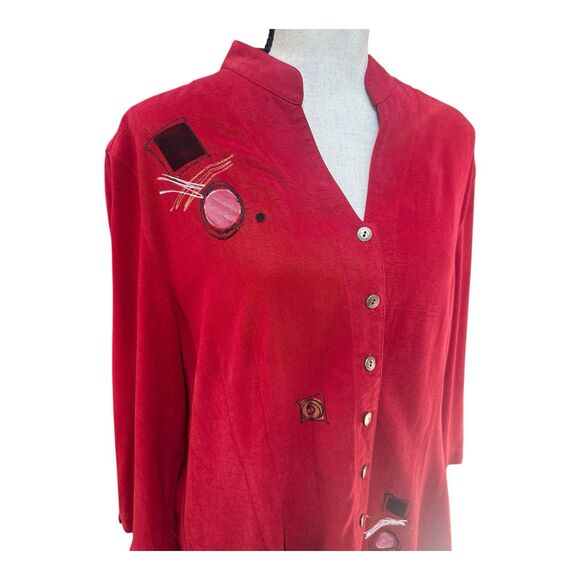Vintage Tianello Red Tencel Rayon Hand-Painted Embroidered Button Front Blouse L - Picture 2 of 5